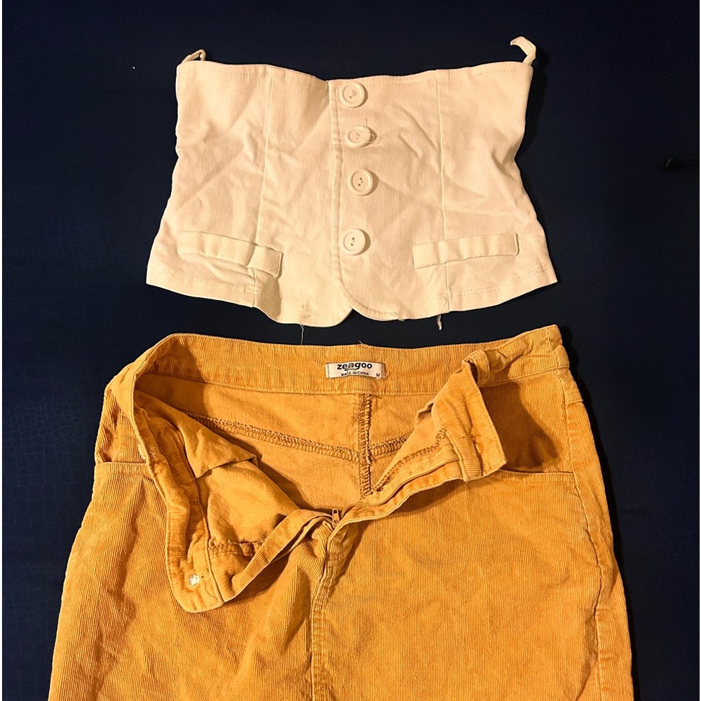 White cute button up tube top size. XS Cakey Brown skirt medium length size. M